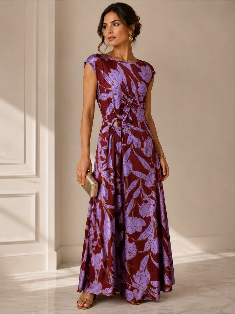 House of Harlow 1960 Cassia Floral Ring Maxi Dress Purple Brown M
